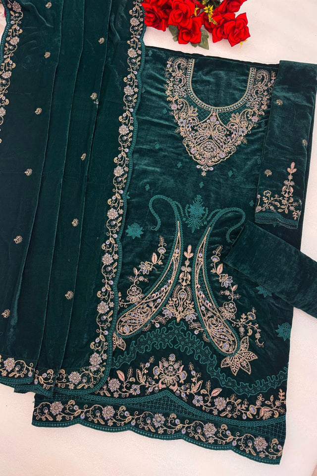 Turquoise Floral Embroidered Velvet Straight Cut Suit (ACB1580)