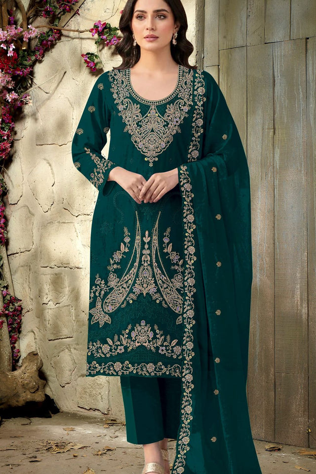 Turquoise Floral Embroidered Velvet Straight Cut Suit (ACB1580)