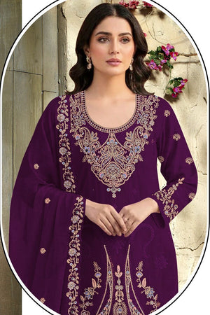 Purple Floral Embroidered Velvet Straight Cut Suit (ACB1581)