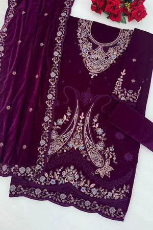 Purple Floral Embroidered Velvet Straight Cut Suit (ACB1581)