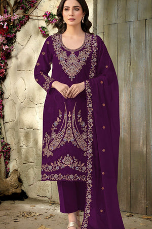 Purple Floral Embroidered Velvet Straight Cut Suit (ACB1581)