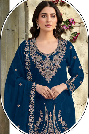 Blue Floral Embroidered Velvet Straight Cut Suit (ACB1582)