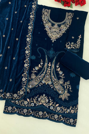 Blue Floral Embroidered Velvet Straight Cut Suit (ACB1582)