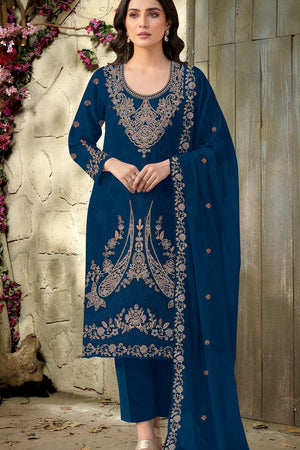 Blue Floral Embroidered Velvet Straight Cut Suit (ACB1582)