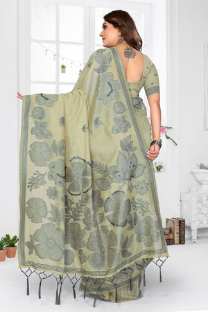 Green Floral Woven Cotton Saree (ACB1595)