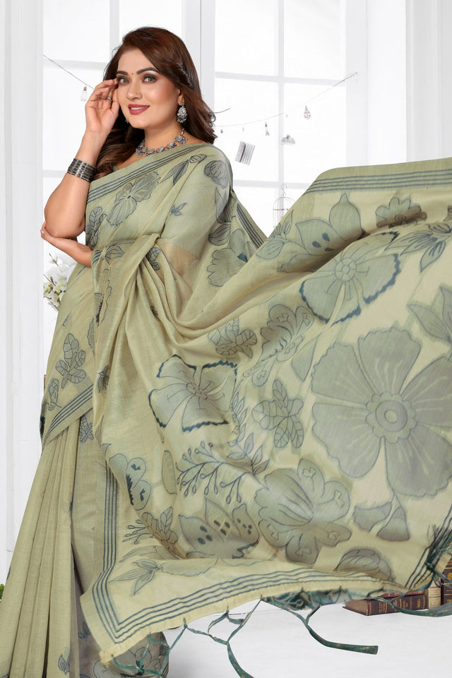 Green Floral Woven Cotton Saree (ACB1595)