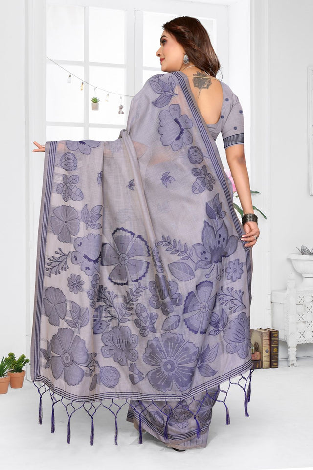 Grey Floral Woven Cotton Saree (ACB1596)