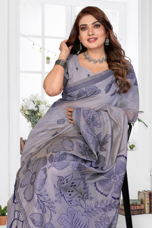 Grey Floral Woven Cotton Saree (ACB1596)