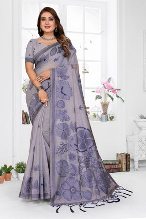 Grey Floral Woven Cotton Saree (ACB1596)