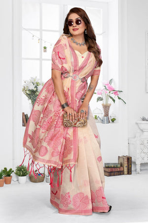 Yellow Floral Woven Cotton Saree (ACB1597)