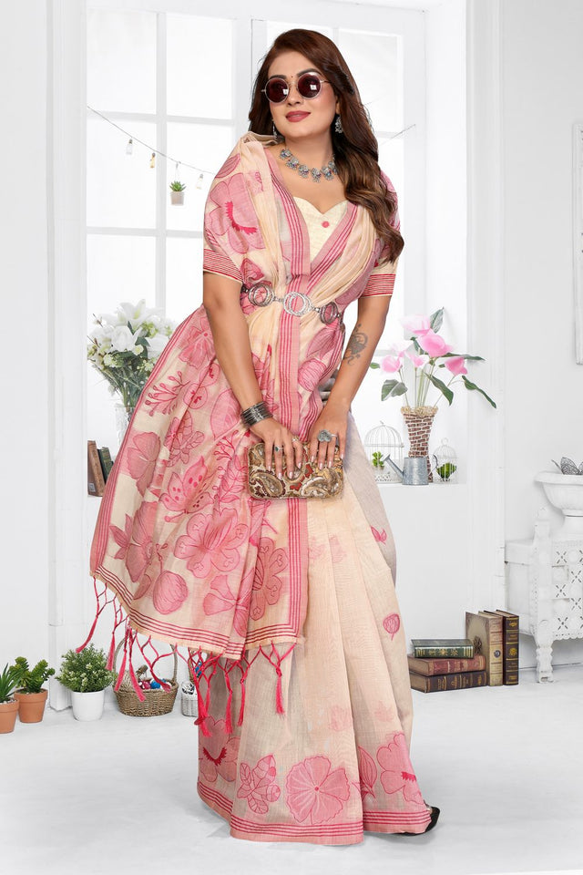 Yellow Floral Woven Cotton Saree (ACB1597)