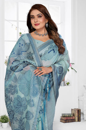 Sea Green Floral Woven Cotton Saree (ACB1598)