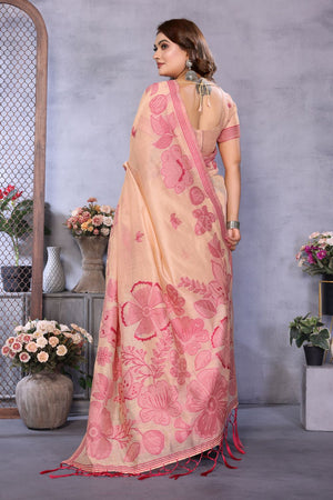 Peach Floral Woven Cotton Saree (ACB1599)
