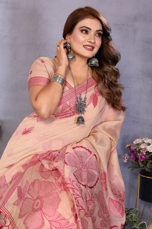 Peach Floral Woven Cotton Saree (ACB1599)