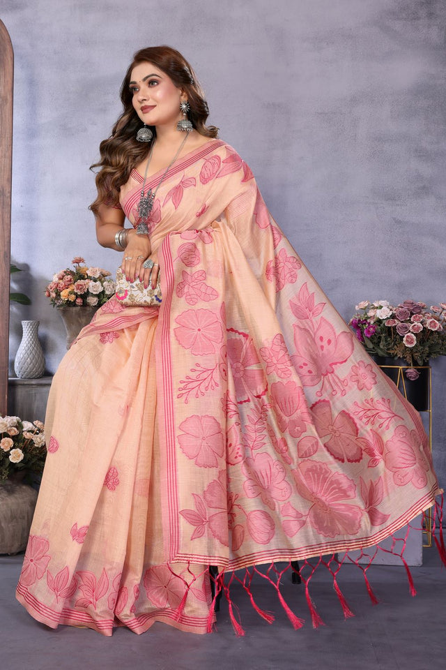 Peach Floral Woven Cotton Saree (ACB1599)