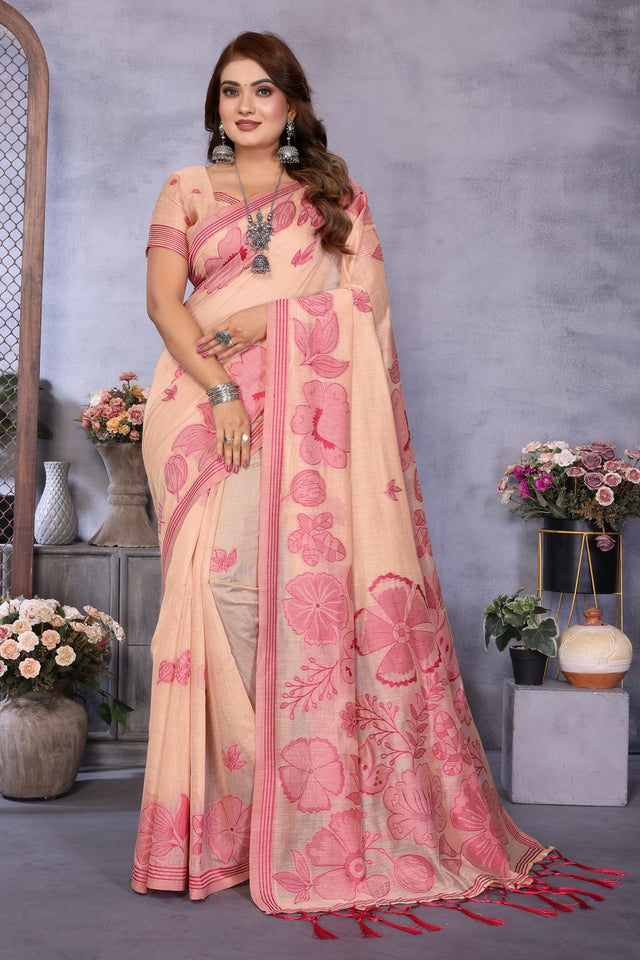 Peach Floral Woven Cotton Saree (ACB1599)