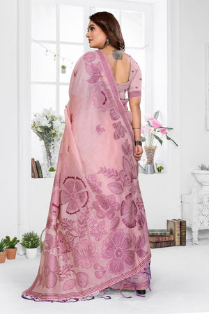Pink Floral Woven Cotton Saree (ACB1600)