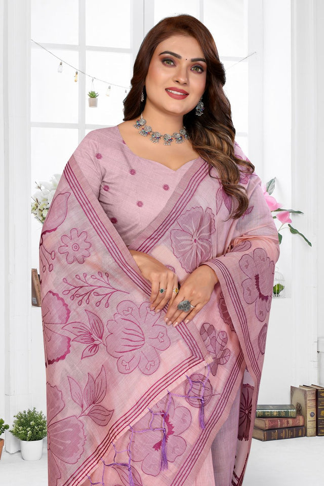 Pink Floral Woven Cotton Saree (ACB1600)