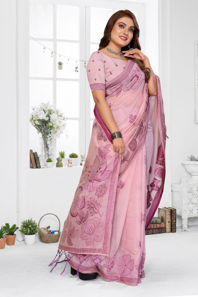 Pink Floral Woven Cotton Saree (ACB1600)