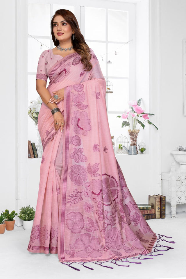 Pink Floral Woven Cotton Saree (ACB1600)