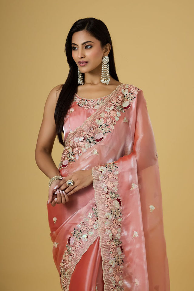 Pink Floral Embroidered Silk Saree (ACB1601)