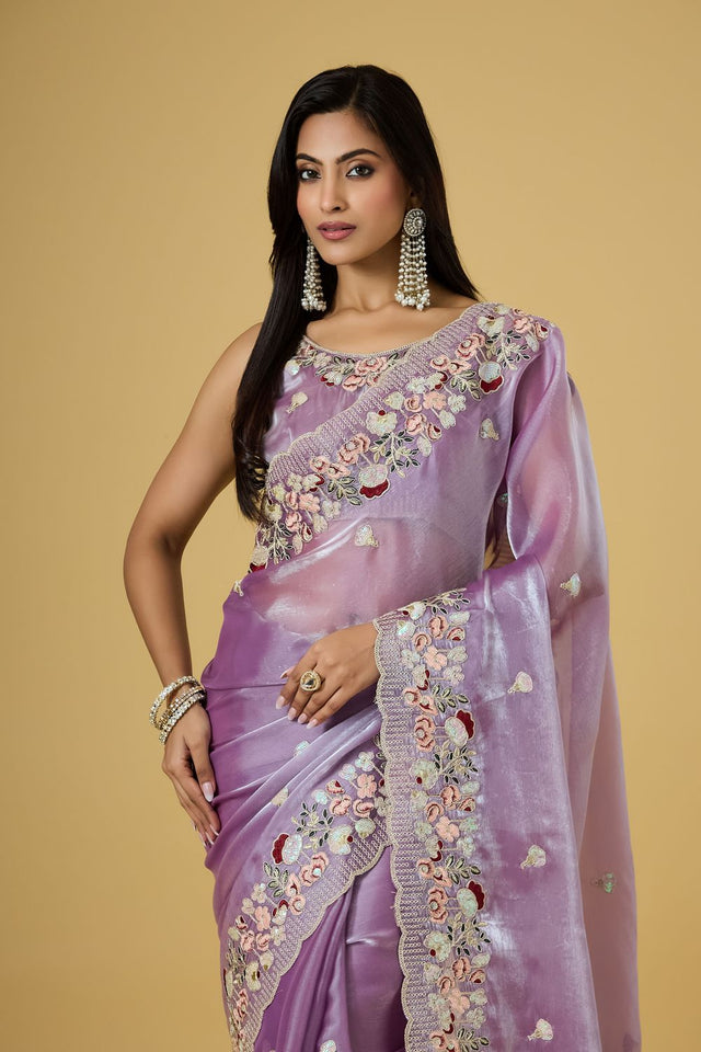 Purple Floral Embroidered Silk Saree (ACB1602)