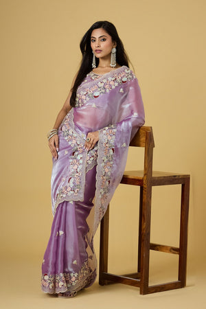 Purple Floral Embroidered Silk Saree (ACB1602)
