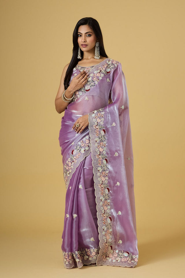 Purple Floral Embroidered Silk Saree (ACB1602)