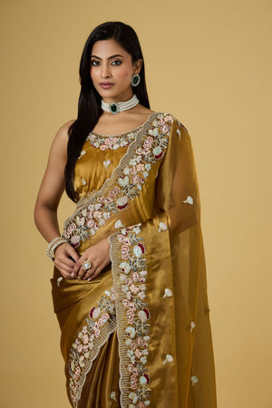 Gold Floral Embroidered Silk Saree (ACB1603)