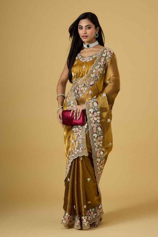 Gold Floral Embroidered Silk Saree (ACB1603)
