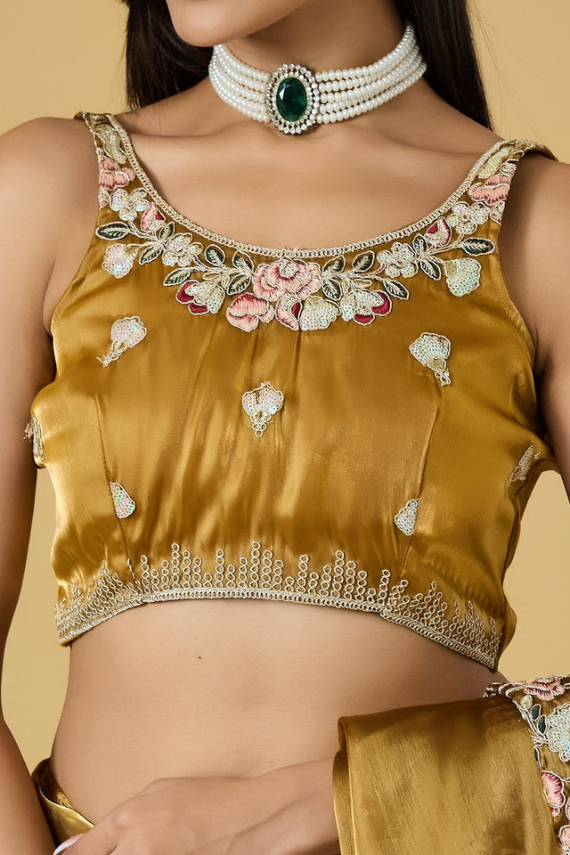 Gold Floral Embroidered Silk Saree (ACB1603)