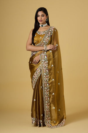 Gold Floral Embroidered Silk Saree (ACB1603)