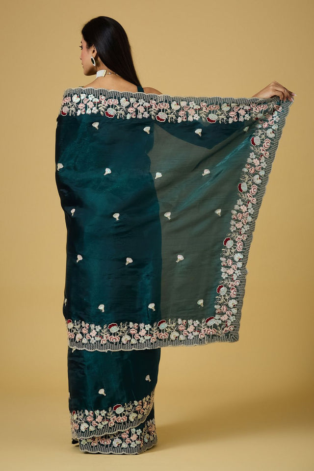 Turquoise Floral Embroidered Silk Saree (ACB1604)
