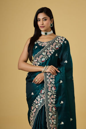 Turquoise Floral Embroidered Silk Saree (ACB1604)