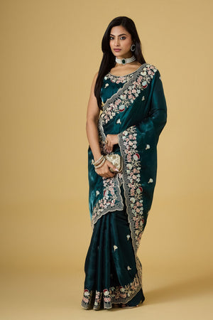 Turquoise Floral Embroidered Silk Saree (ACB1604)