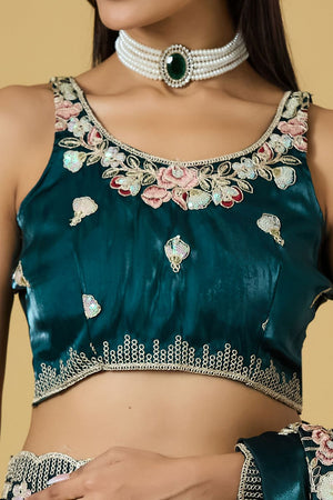 Turquoise Floral Embroidered Silk Saree (ACB1604)