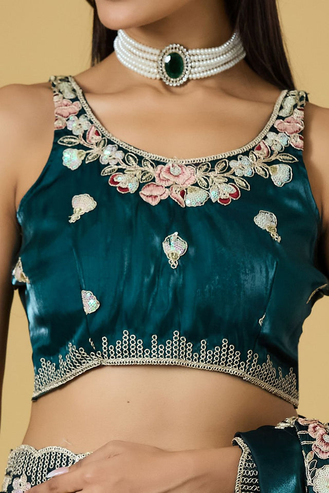 Turquoise Floral Embroidered Silk Saree (ACB1604)