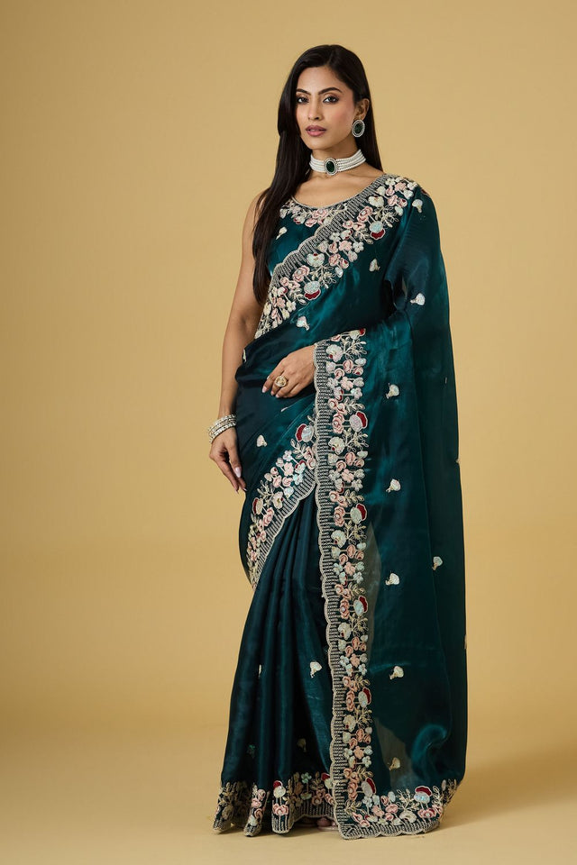 Turquoise Floral Embroidered Silk Saree (ACB1604)