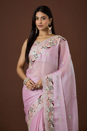 Pink Floral Embroidered Silk Saree (ACB1605)
