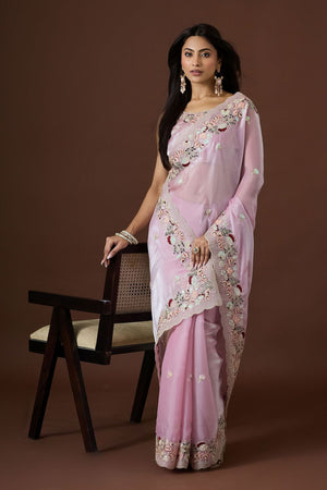 Pink Floral Embroidered Silk Saree (ACB1605)