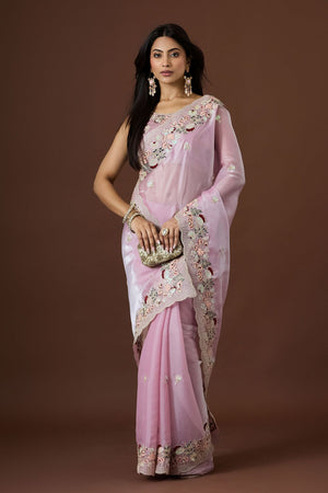 Pink Floral Embroidered Silk Saree (ACB1605)