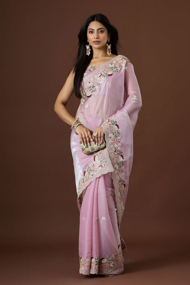 Pink Floral Embroidered Silk Saree (ACB1605)