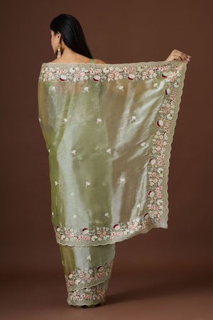 Green Floral Embroidered Silk Saree (ACB1606)