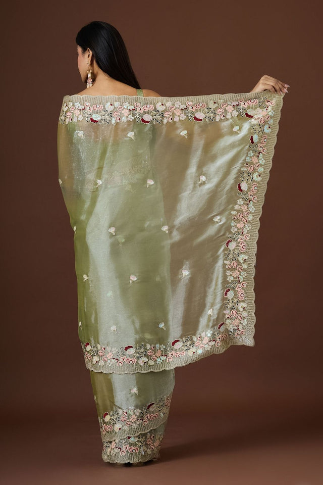 Green Floral Embroidered Silk Saree (ACB1606)