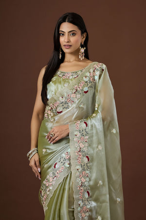 Green Floral Embroidered Silk Saree (ACB1606)