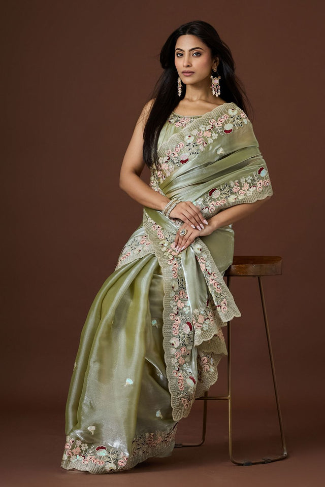 Green Floral Embroidered Silk Saree (ACB1606)