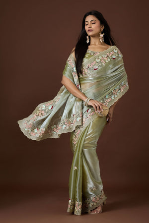 Green Floral Embroidered Silk Saree (ACB1606)