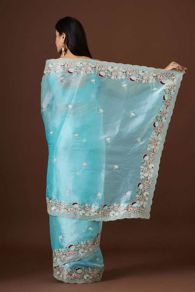 Sea Green Floral Embroidered Silk Saree (ACB1607)