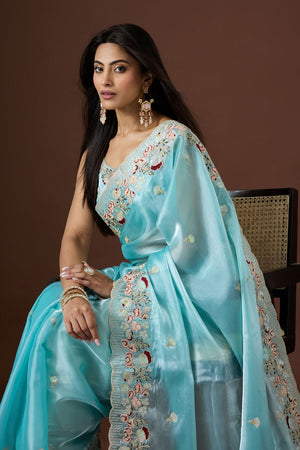 Sea Green Floral Embroidered Silk Saree (ACB1607)