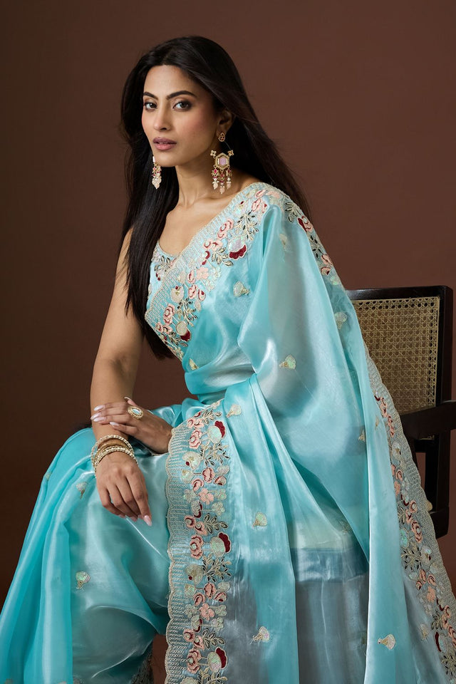 Sea Green Floral Embroidered Silk Saree (ACB1607)